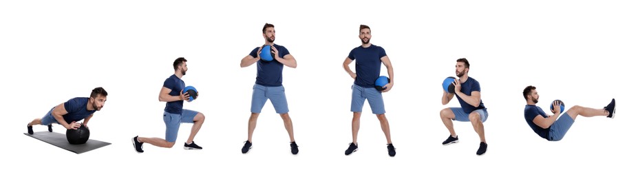 Image of Athletic man doing different exercises with medicine ball on white background, collage. Banner design