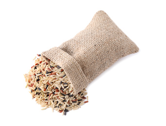 Photo of Mix of brown rice in bag isolated on white, top view