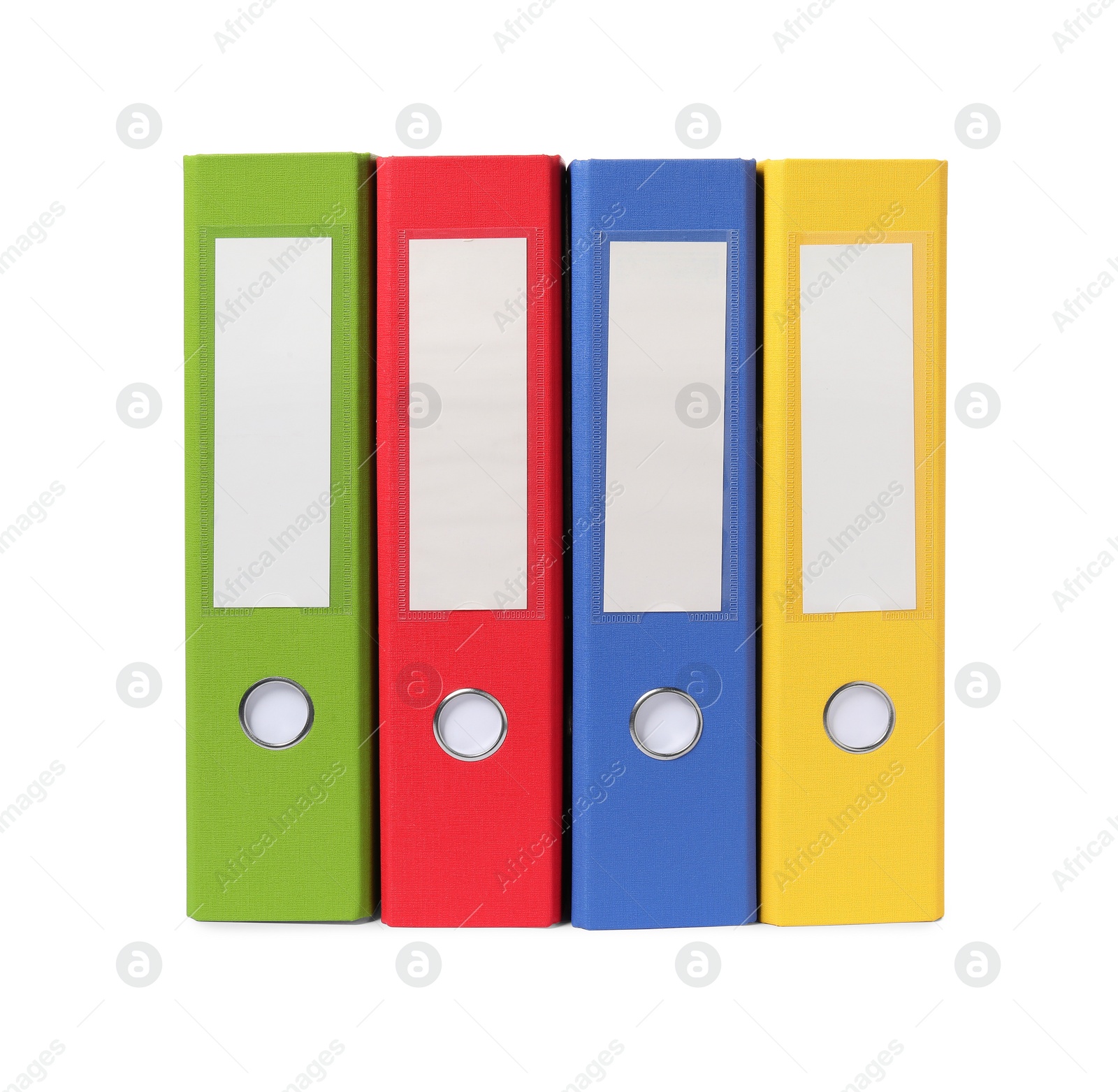 Photo of Many bright office folders isolated on white