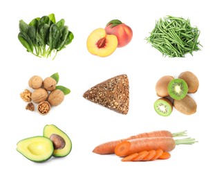Image of Foods for healthy digestion, collage. Fresh peaches, spinach, green beans, walnuts, whole-grain bread, avocado, carrots and kiwis on white background