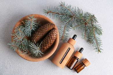 Bottles of aromatic essential oil, pine branches and cones on light grey table, flat lay