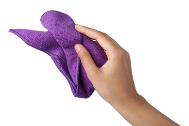 Photo of Woman with microfiber cloth on white background, closeup