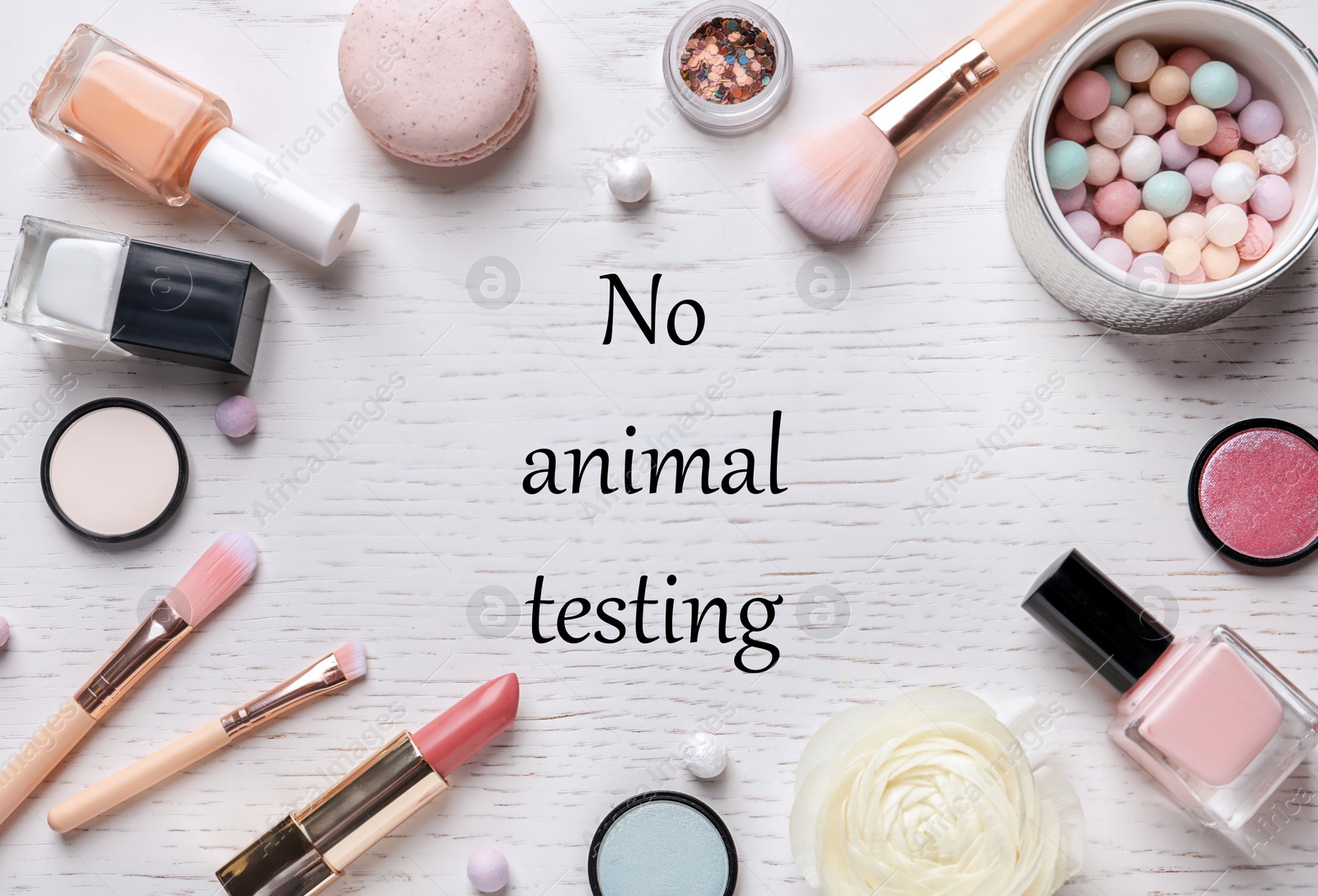 Image of Cosmetic products and text NO ANIMAL TESTING on white wooden background, flat lay