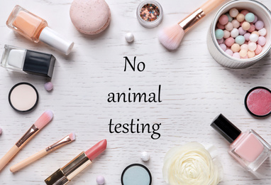 Image of Cosmetic products and text NO ANIMAL TESTING on white wooden background, flat lay