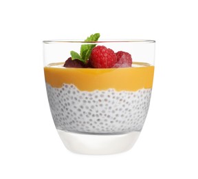 Delicious chia pudding with mango sauce and raspberries on white background