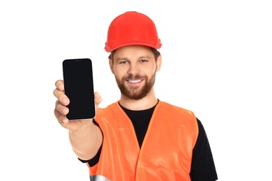 Photo of Man in reflective uniform showing smartphone on white background