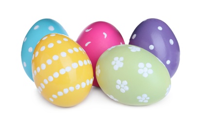 Photo of Colorful eggs on white background. Happy Easter