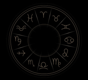 Illustration of  zodiac wheel with astrological signs on black background