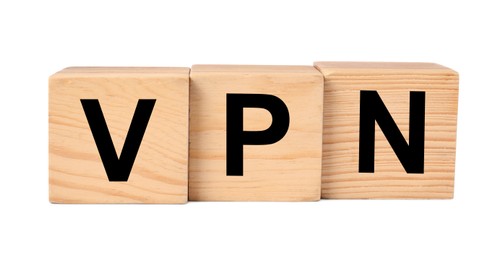 Photo of Acronym VPN (Virtual Private Network) made of wooden cubes isolated on white