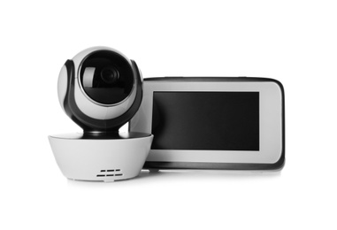 Photo of Baby monitor and camera isolated on white. CCTV equipment