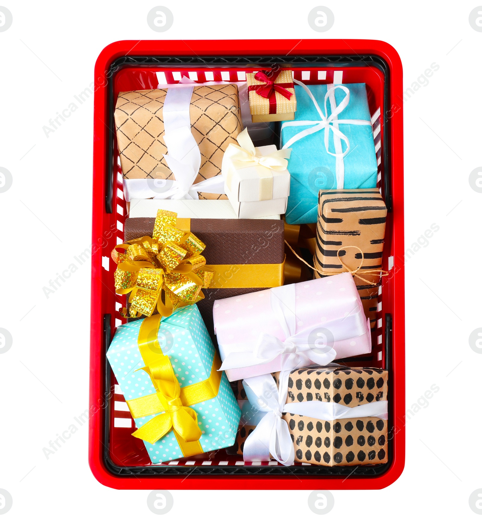 Photo of Shopping basket full of gift boxes on white background, top view