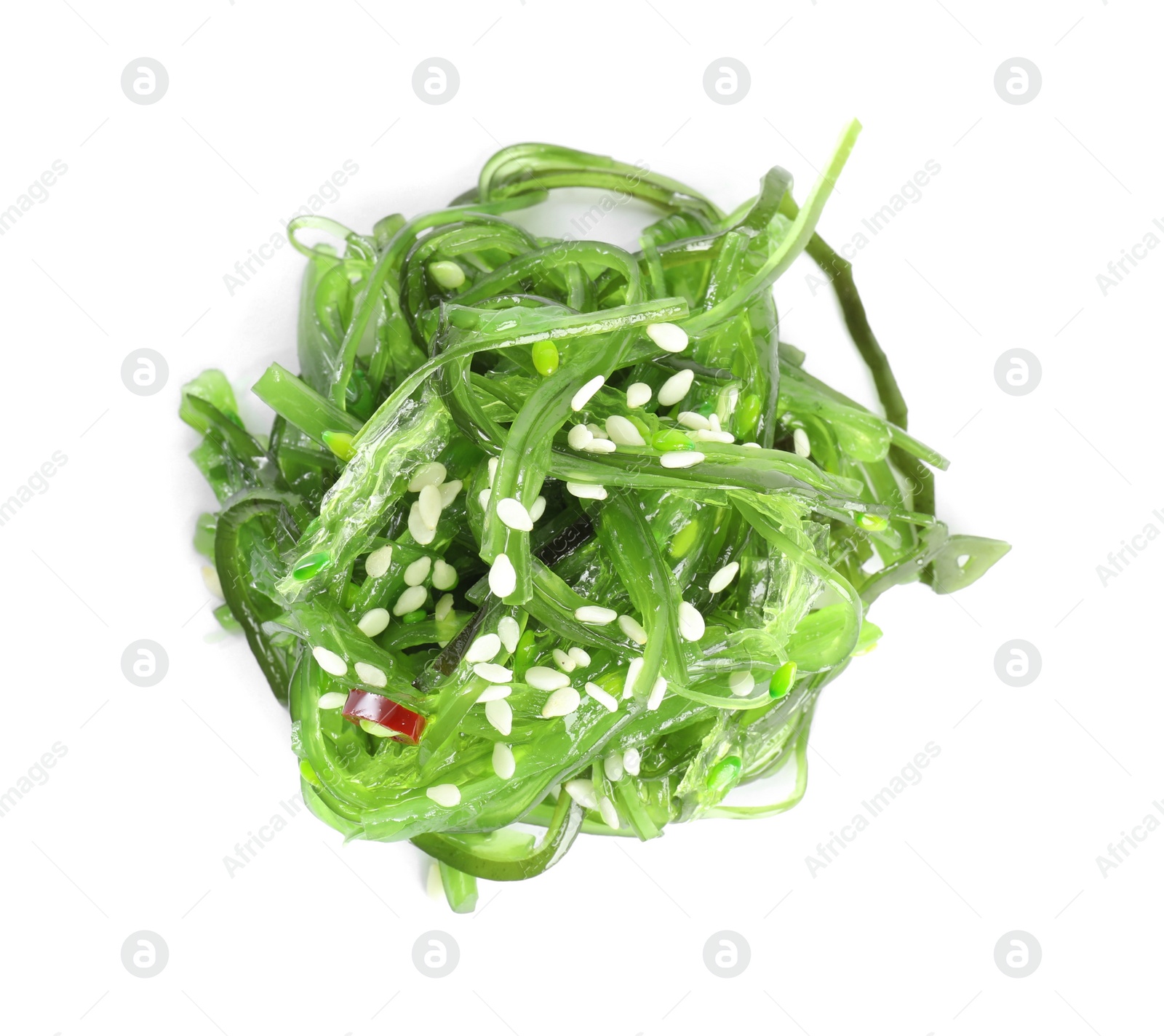 Photo of Delicious seaweed salad on white background, top view