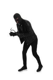 Photo of Man wearing knitted balaclava with crowbar on white background
