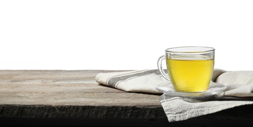 Photo of Refreshing green tea in cup on wooden table against white background