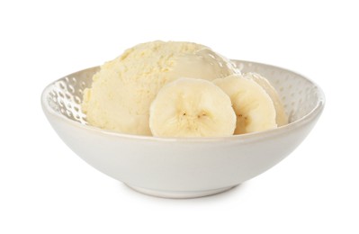 Photo of Scoop of ice cream and banana slices in bowl isolated on white