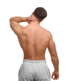 Photo of Man suffering from neck pain on white background, back view