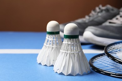 Photo of Feather badminton shuttlecocks and rackets on court, closeup. Space for text