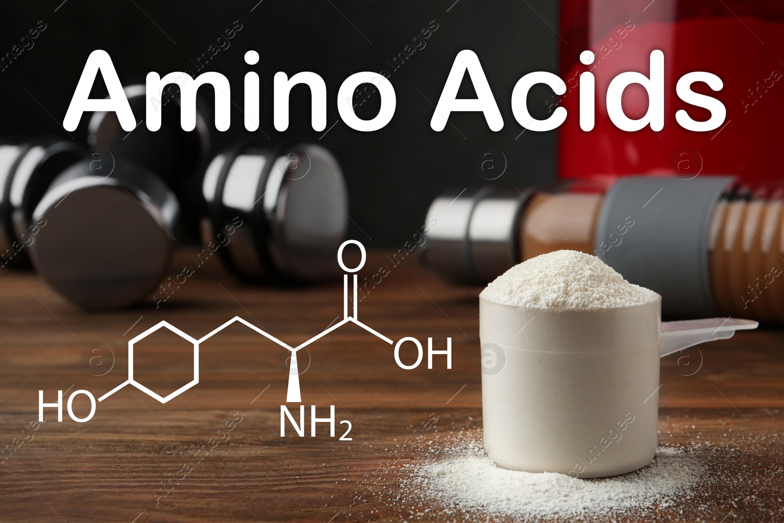 Image of Measuring scoop of amino acids powder on wooden table