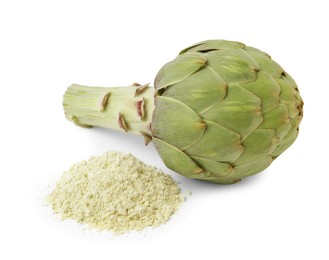 Fresh artichoke and powder isolated on white