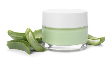 Jar of natural cream and cut aloe leaves isolated on white