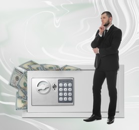 Image of Financial security, keeping money. Thoughtful businessman near big steel safe full of money on color background