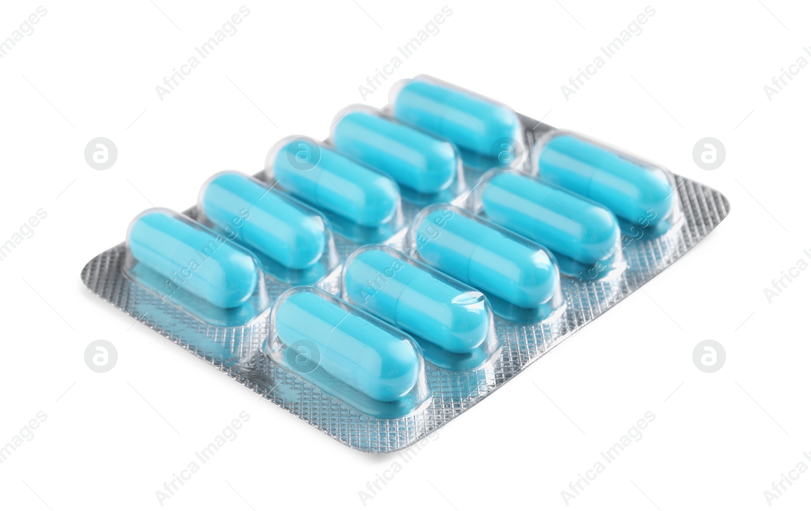 Photo of Blister with bright pills isolated on white