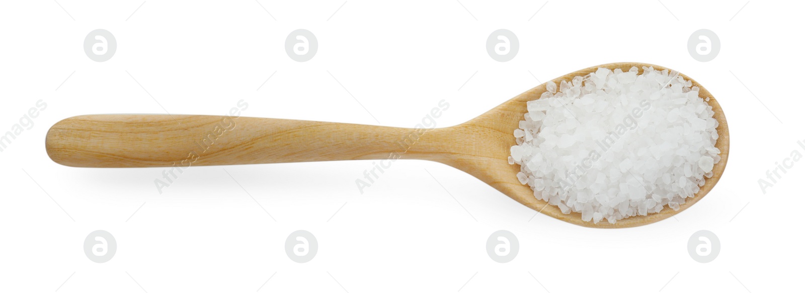 Photo of Natural salt in wooden spoon isolated on white, top view