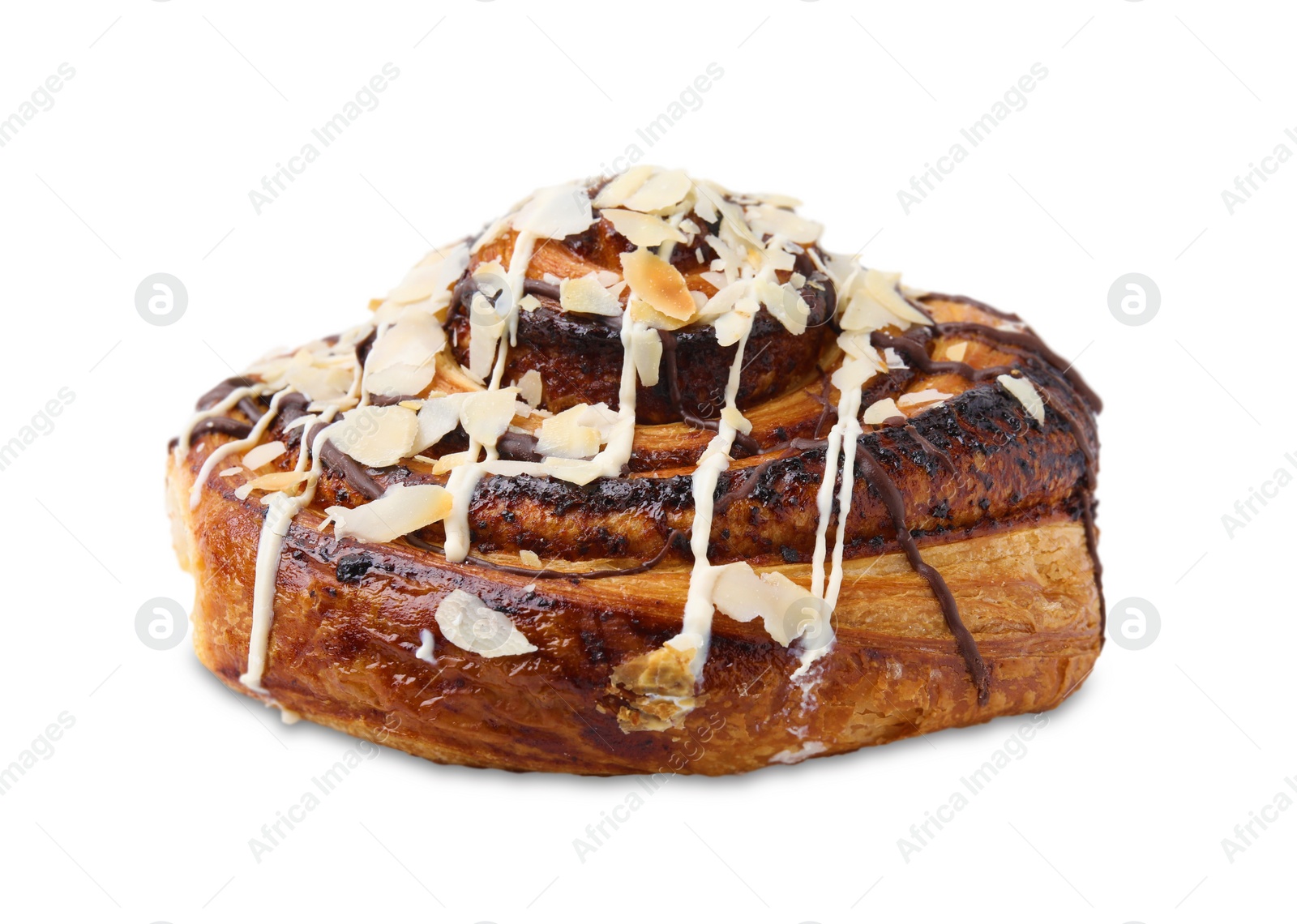 Photo of Delicious roll with almond and toppings isolated on white. Sweet bun