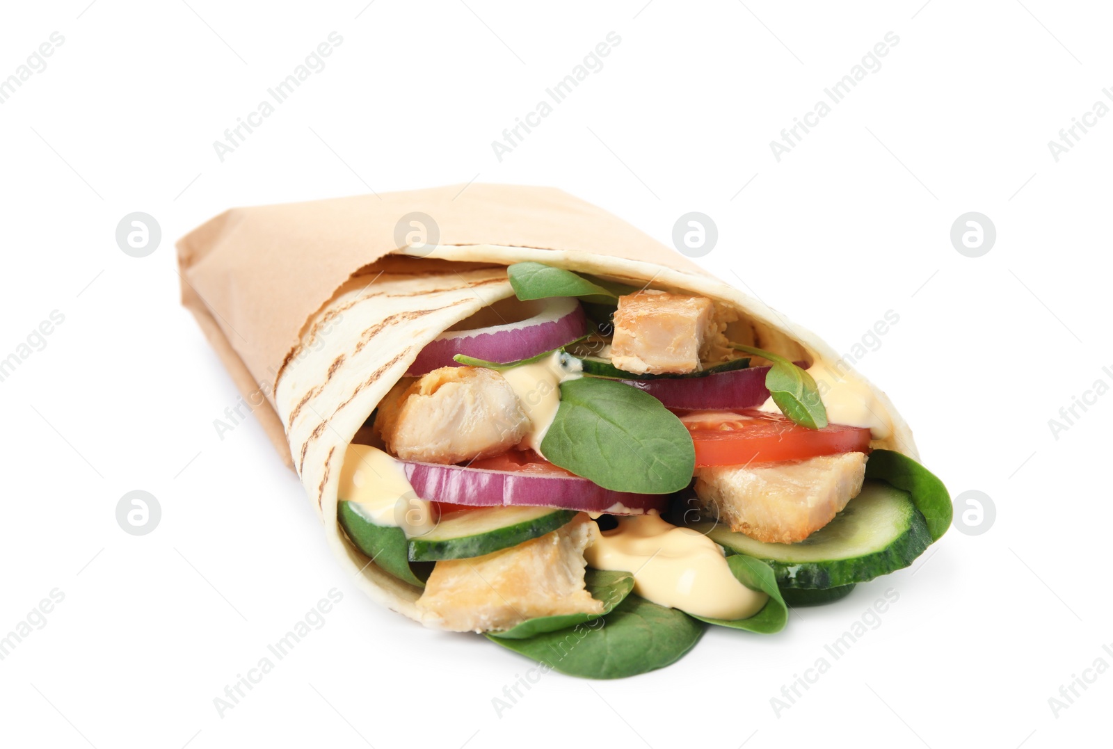 Photo of Delicious shawarma with chicken meat and fresh vegetables isolated on white