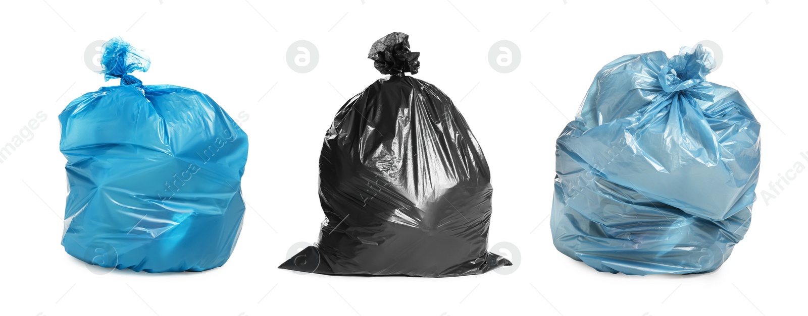 Image of Set with trash bags filled with garbage on white background. Banner design