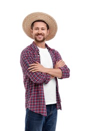 Photo of Happy farmer with crossed arms on white background. Harvesting season