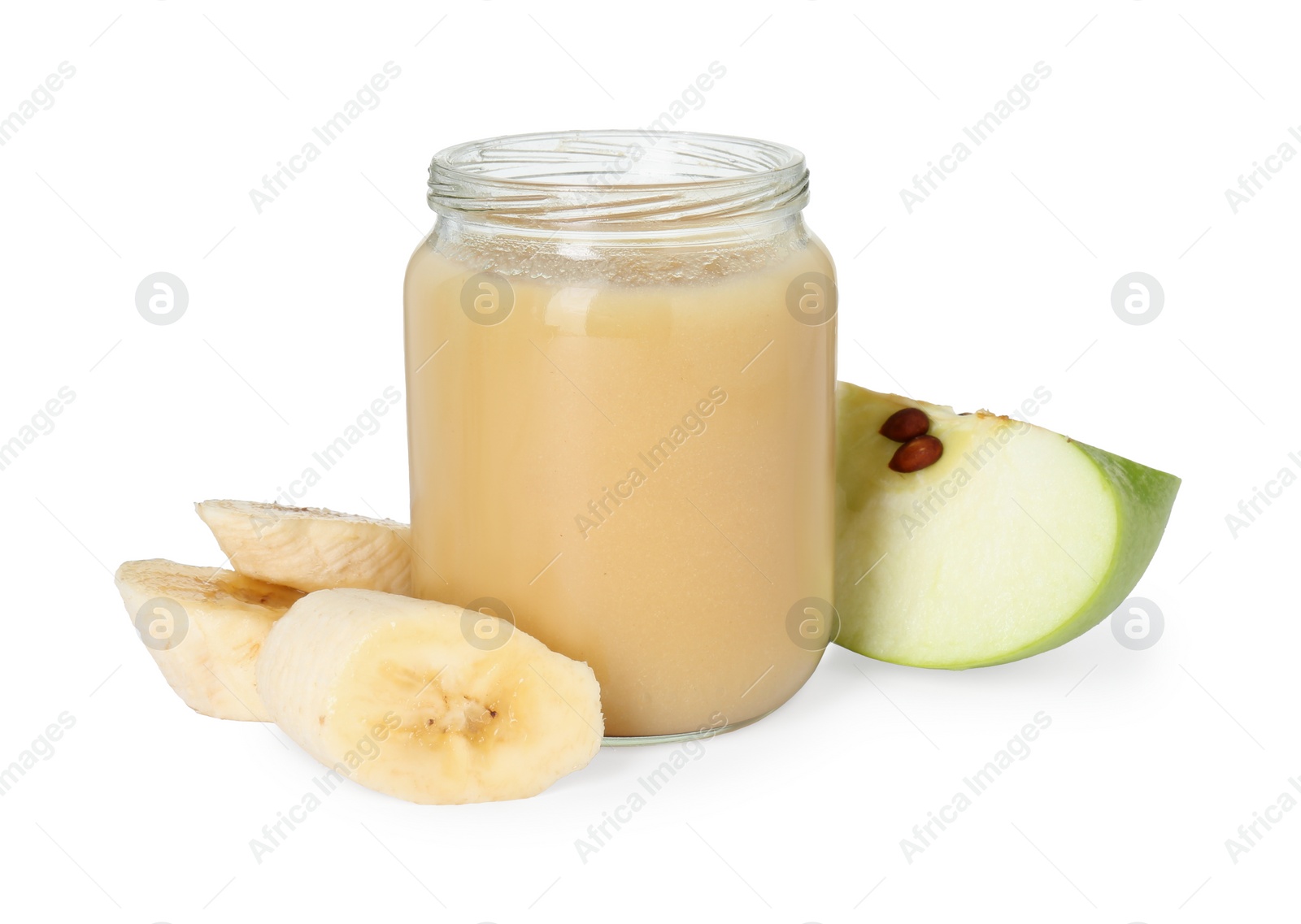 Photo of Tasty baby food in jar and fresh fruits isolated on white