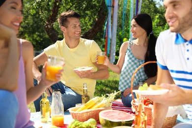 Photo of Young people enjoying picnic in park on summer day