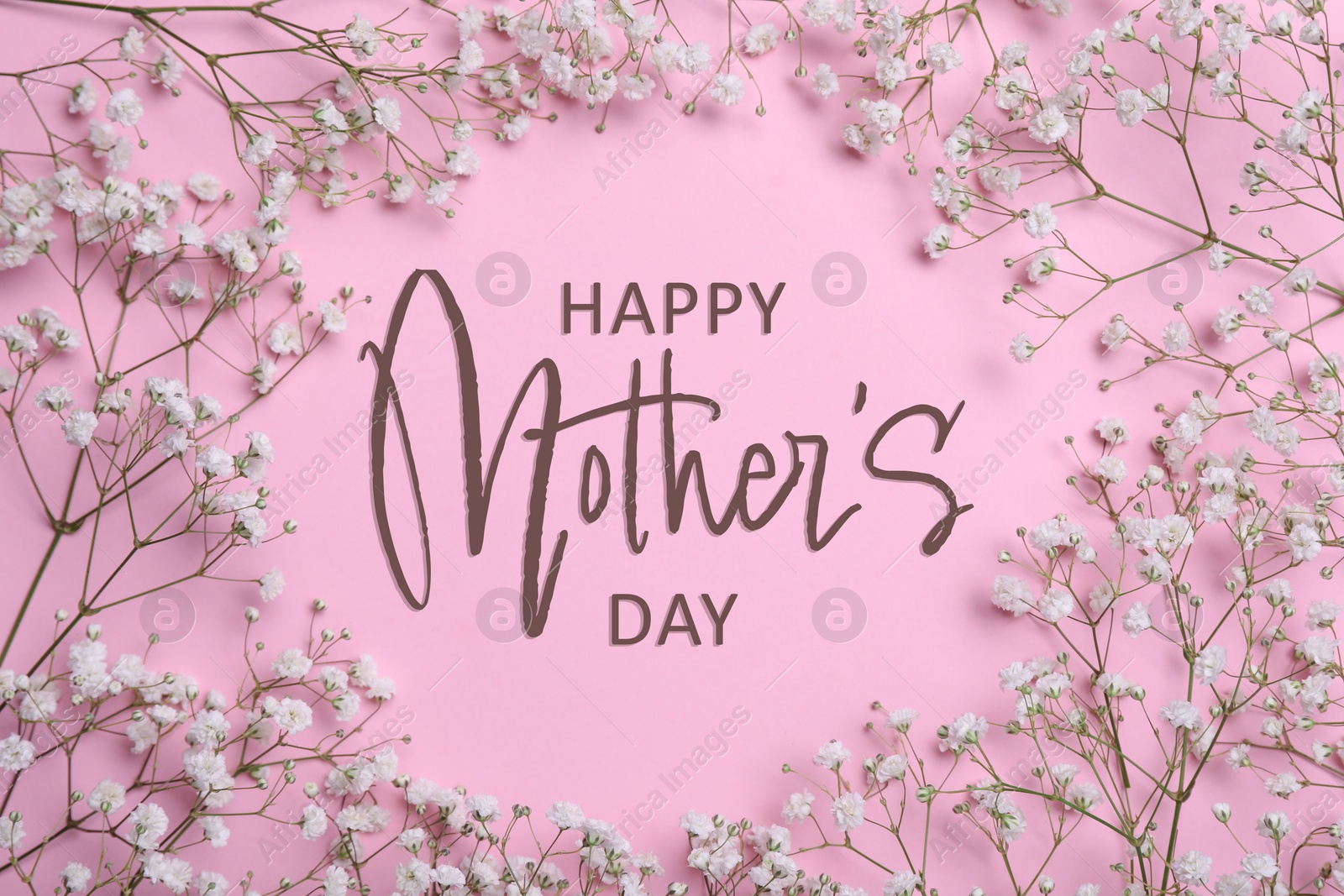 Image of Happy Mother's Day. Greeting card with gypsophila flowers on pink background, top view