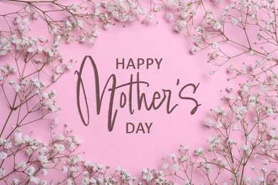 Happy Mother's Day. Greeting card with gypsophila flowers on pink background, top view