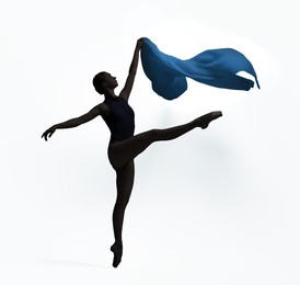 Image of Beautiful ballerina with blue veil dancing on white background. Dark silhouette of dancer