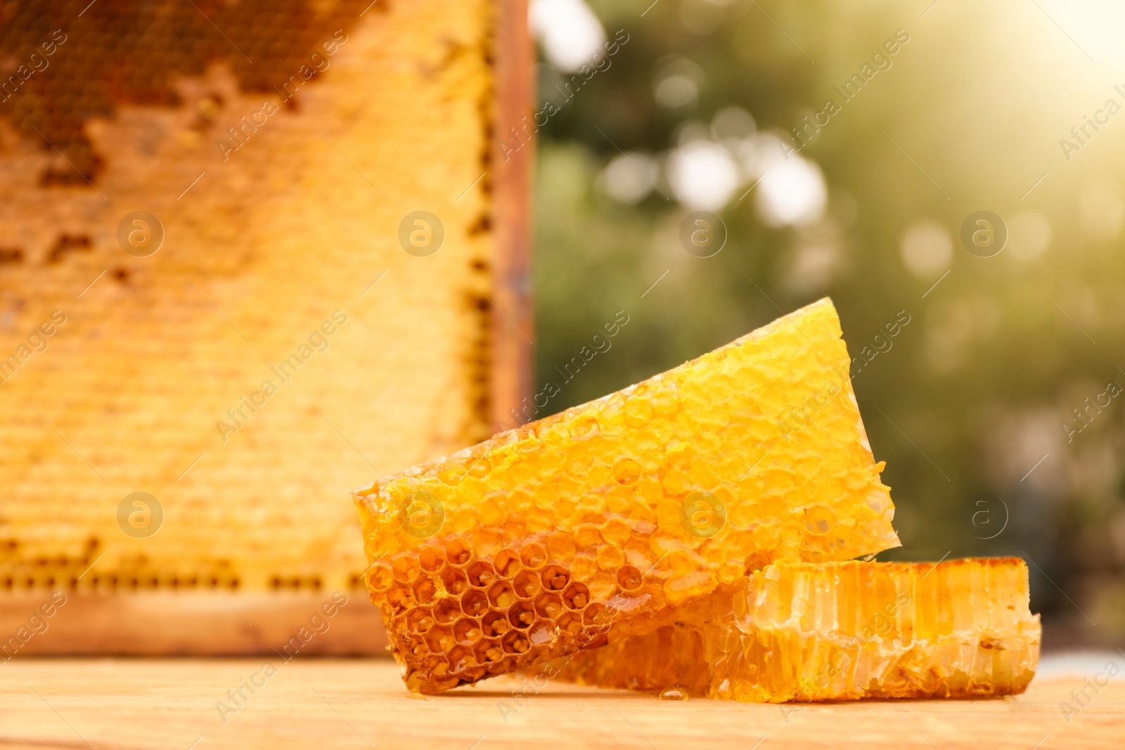 Photo of Fresh delicious honeycombs on wooden table outdoors