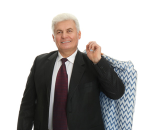 Senior man holding garment cover with clothes on white background. Dry-cleaning service