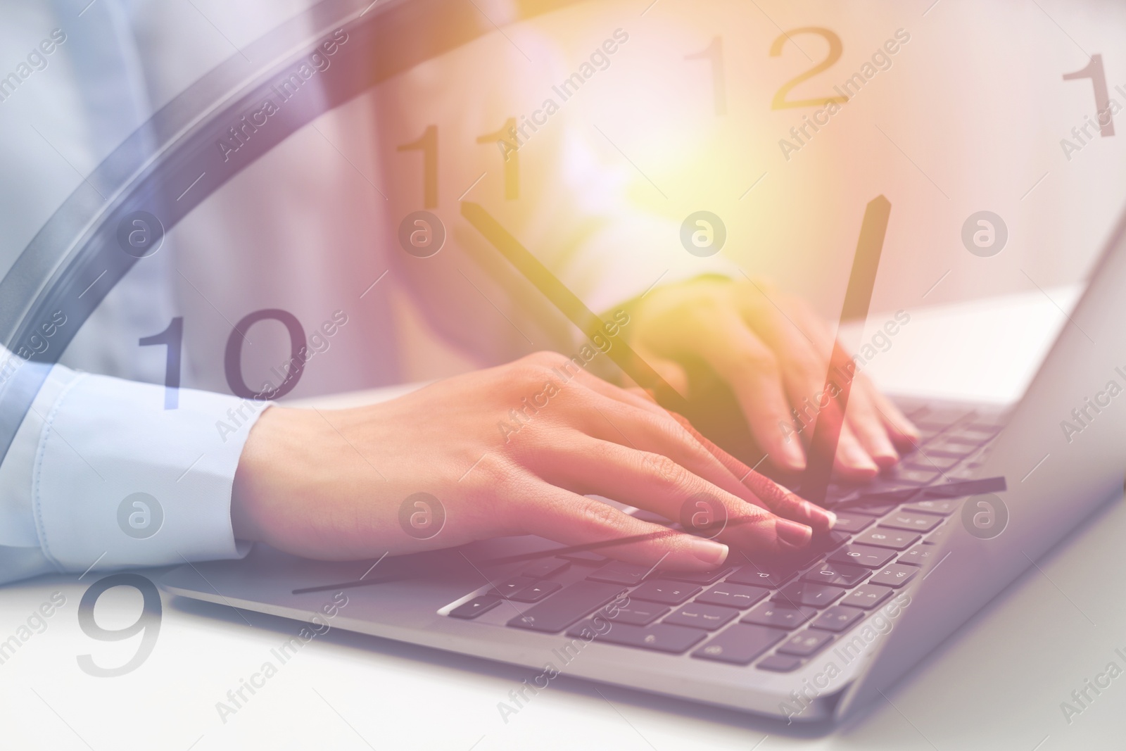 Image of Woman and clock, double exposure. Time concept