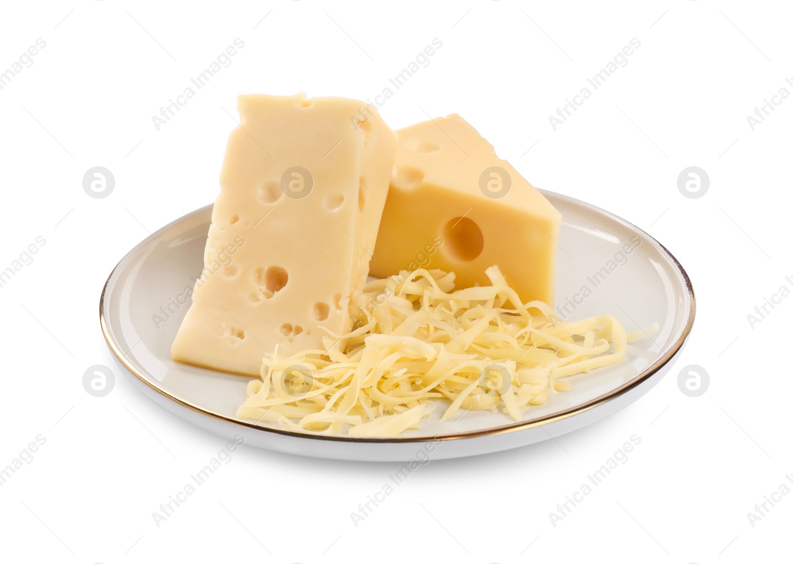 Photo of Grated cheese and pieces of one isolated on white