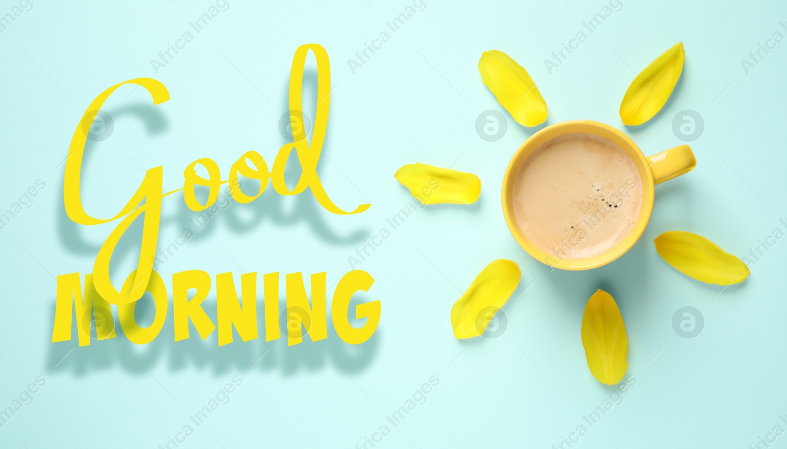 Image of Good Morning. Cup of coffee and tulip petals on light blue background, flat lay