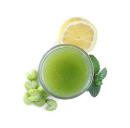 Photo of Fresh celery juice, mint and lemon on white background, top view