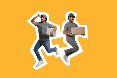 Happy courier with parcels on orange background