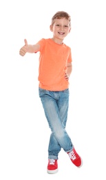 Photo of Full length portrait of cute little boy in casual outfit on white background