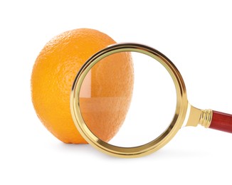 Photo of Cellulite problem. Orange and magnifying glass isolated on white