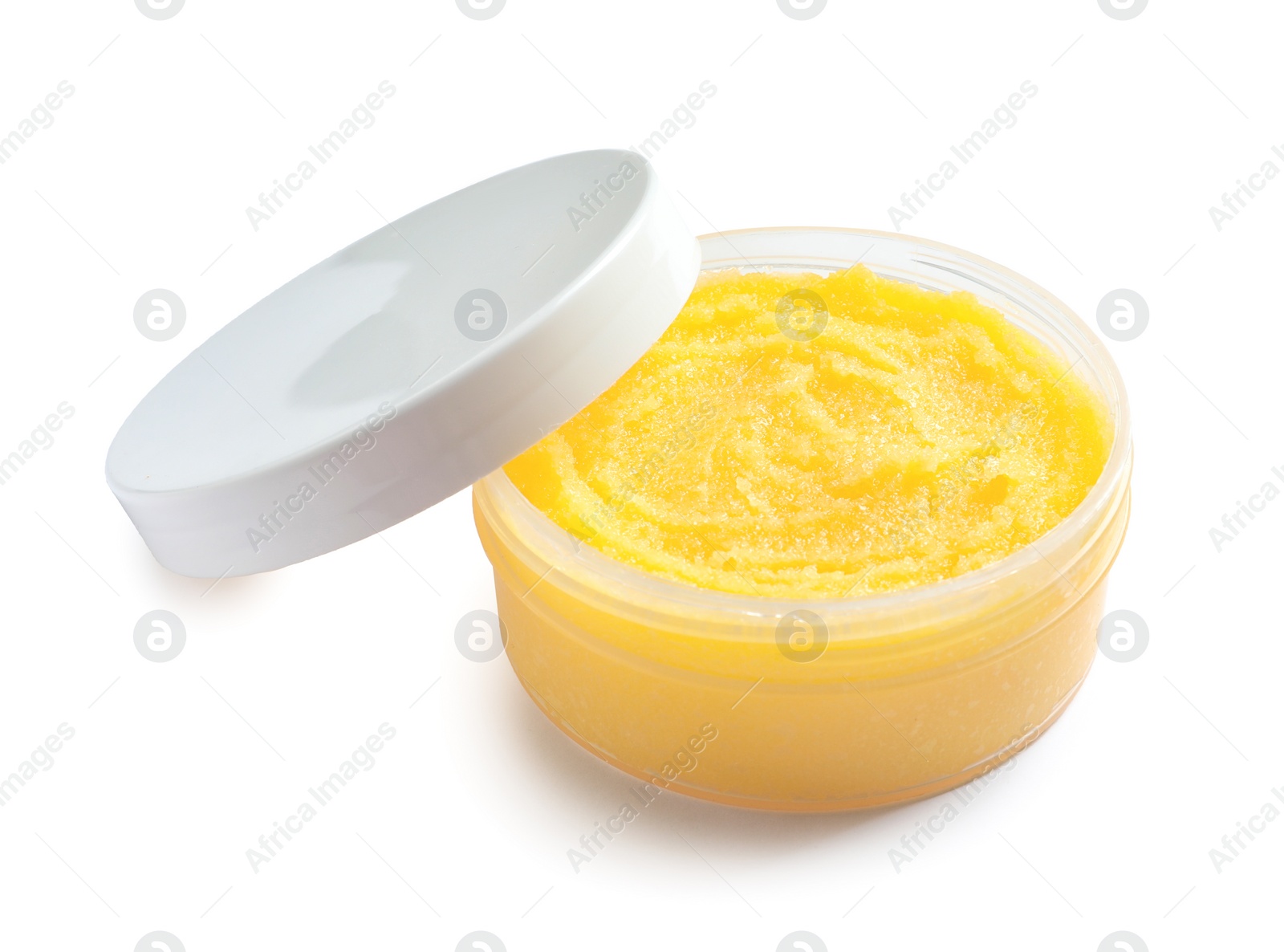 Photo of Container with natural scrub on white background