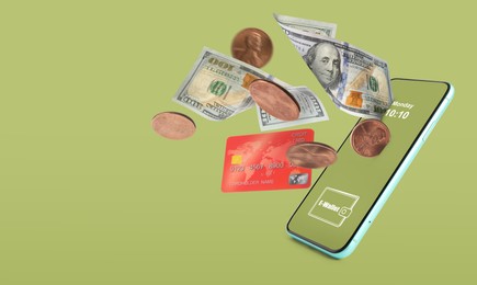 Image of Online payment. Mobile phone with open e-wallet app, dollar banknotes, coins and credit card on light olive background, space for text