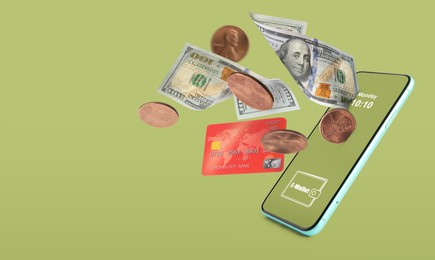 Online payment. Mobile phone with open e-wallet app, dollar banknotes, coins and credit card on light olive background, space for text