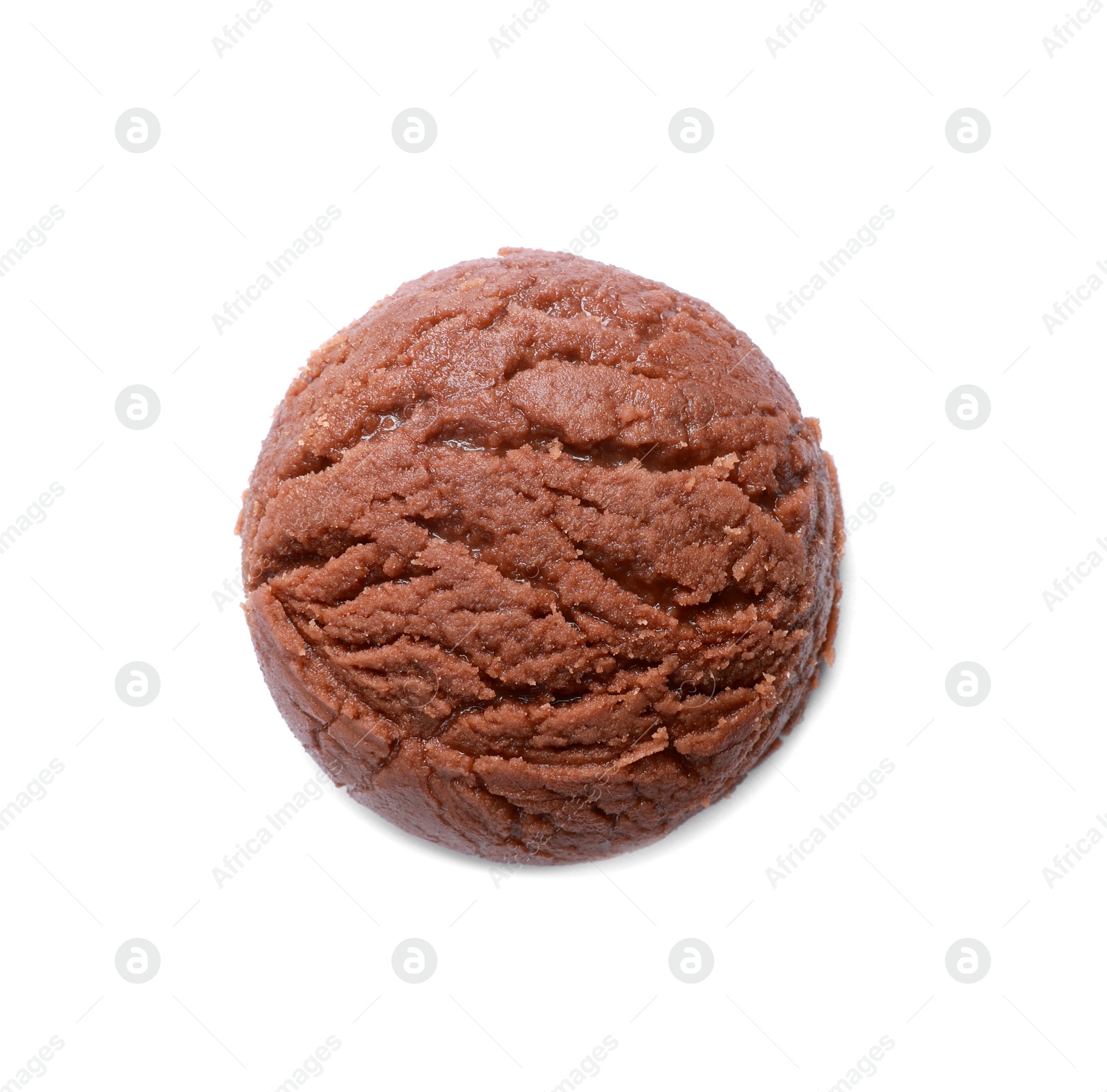 Photo of Scoop of tasty chocolate ice cream isolated on white, top view