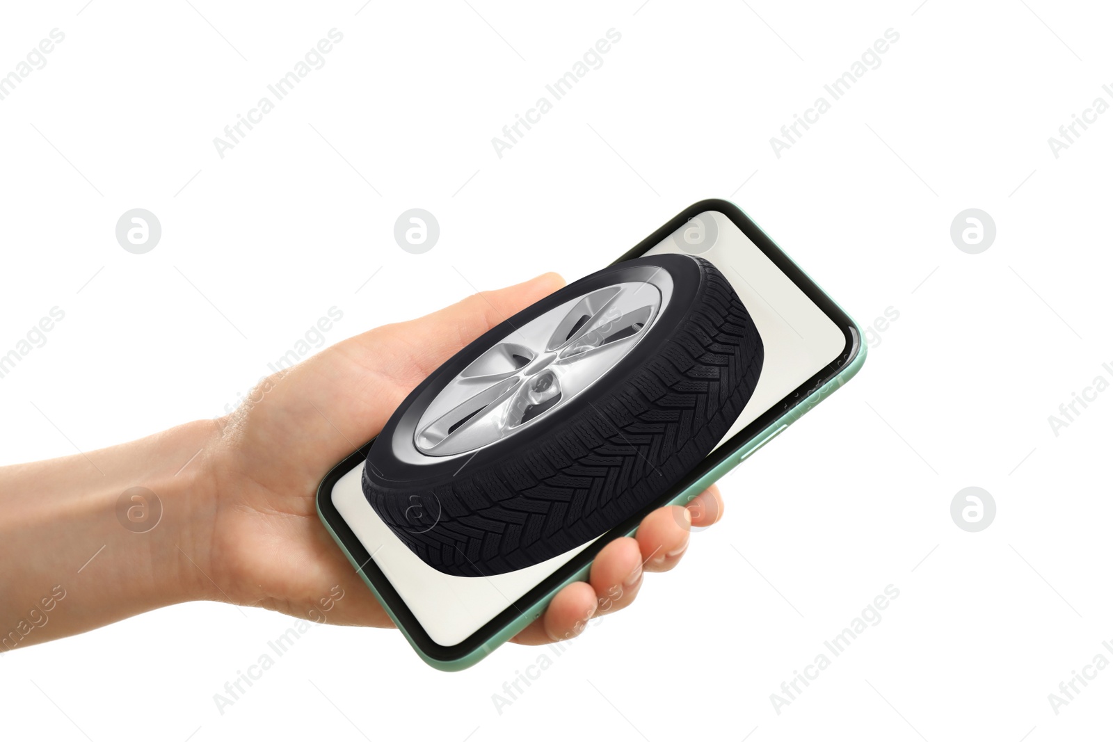 Image of Woman buying car tire from online auto store via smartphone on white background, closeup. Delivery service